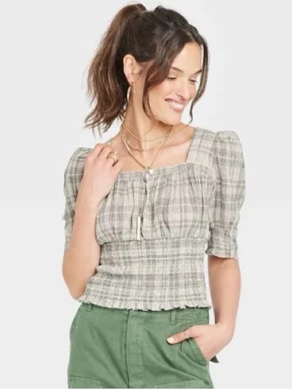 NWT Universal Thread Gingham Ruched Crop Top 100% Cotton Fall Cottagecore Vibes